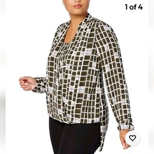 Alfani Womens Plus Chiffon Printed Loose Fit Blouse Green 18W